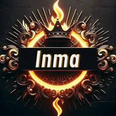Diseño circular real con adornos dorados, llama de fuego detrás de una corona negra pequeña y nombre en blanco. - Inma Diseño circular real con adornos dorados, llama de fuego detrás de una corona negra pequeña y nombre en blanco. - Inma