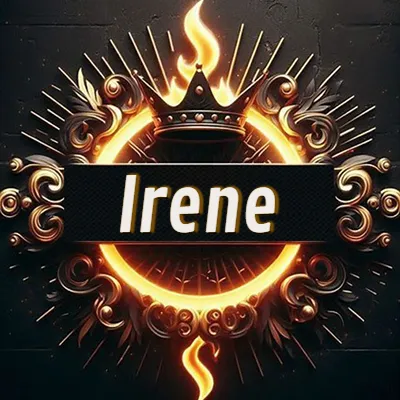 Diseño circular real con adornos dorados, llama de fuego detrás de una corona negra pequeña y nombre en blanco. - Irene Diseño circular real con adornos dorados, llama de fuego detrás de una corona negra pequeña y nombre en blanco. - Irene