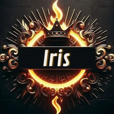 Diseño circular real con adornos dorados, llama de fuego detrás de una corona negra pequeña y nombre en blanco. - Iris