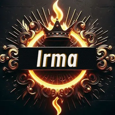 Diseño circular real con adornos dorados, llama de fuego detrás de una corona negra pequeña y nombre en blanco. - Irma