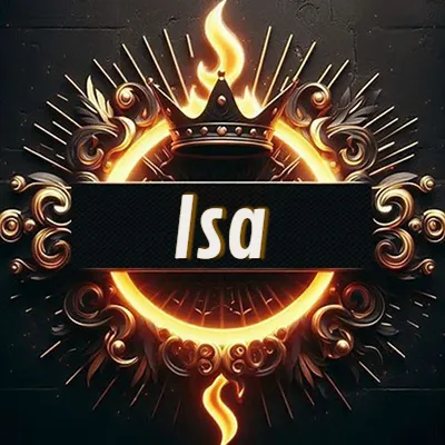 Panel artístico circular con una llama dorada y una corona negra en el centro, rodeado de ornamentos espirales dorados entrelazados que emanan una luz cálida sobre un fondo de muro de piedra oscura. El nombre Isa está escrito en blanco destacado dentro de un rectángulo negro horizontal que cruza la mitad del diseño circular.