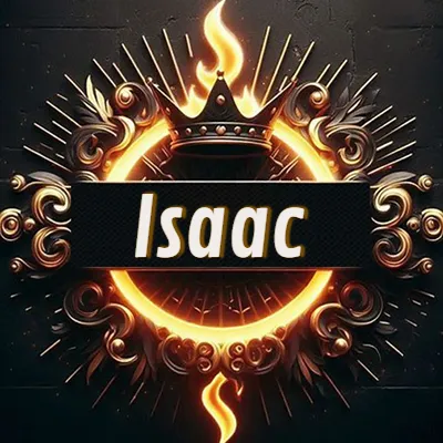 Diseño circular real con adornos dorados, llama de fuego detrás de una corona negra pequeña y nombre en blanco. - Isaac Diseño circular real con adornos dorados, llama de fuego detrás de una corona negra pequeña y nombre en blanco. - Isaac