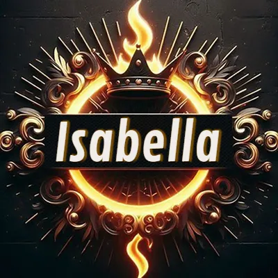 Diseño circular real con adornos dorados, llama de fuego detrás de una corona negra pequeña y nombre en blanco. - Isabel Diseño circular real con adornos dorados, llama de fuego detrás de una corona negra pequeña y nombre en blanco. - Isabel