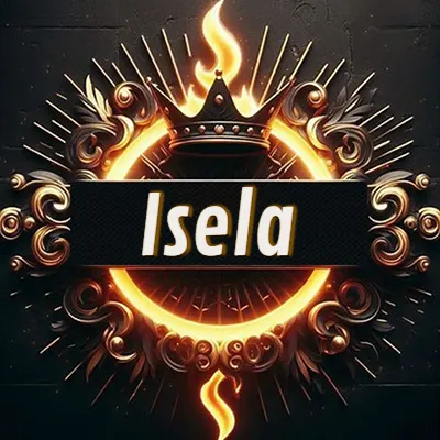 Diseño circular real con adornos dorados, llama de fuego detrás de una corona negra pequeña y nombre en blanco. - Isela Diseño circular real con adornos dorados, llama de fuego detrás de una corona negra pequeña y nombre en blanco. - Isela