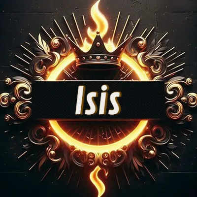 Diseño circular real con adornos dorados, llama de fuego detrás de una corona negra pequeña y nombre en blanco. - Isis Diseño circular real con adornos dorados, llama de fuego detrás de una corona negra pequeña y nombre en blanco. - Isis