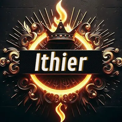 Diseño circular real con adornos dorados, llama de fuego detrás de una corona negra pequeña y nombre en blanco. - Ithier Diseño circular real con adornos dorados, llama de fuego detrás de una corona negra pequeña y nombre en blanco. - Ithier