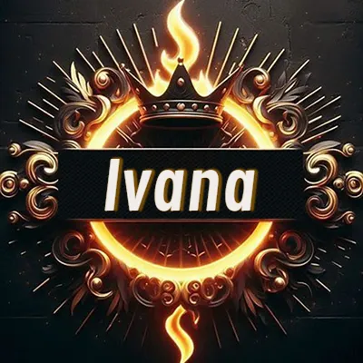 Diseño circular real con adornos dorados, llama de fuego detrás de una corona negra pequeña y nombre en blanco. - Ivana