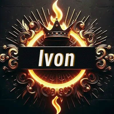 Panel artístico circular con una llama dorada y una corona negra en el centro, rodeado de ornamentos espirales dorados entrelazados que emanan una luz cálida sobre un fondo de muro de piedra oscura. El nombre Ivon está escrito en blanco destacado dentro de un rectángulo negro horizontal que cruza la mitad del diseño circular.