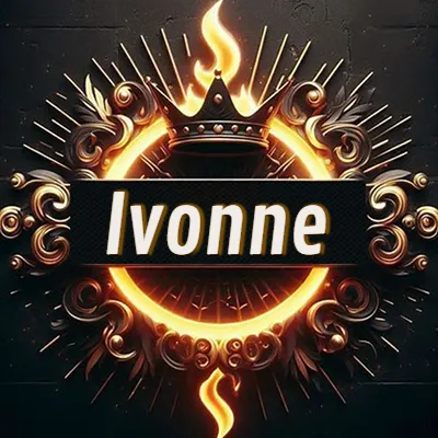 Diseño circular real con adornos dorados, llama de fuego detrás de una corona negra pequeña y nombre en blanco. - Ivonne