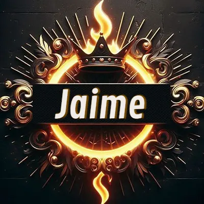 Diseño circular real con adornos dorados, llama de fuego detrás de una corona negra pequeña y nombre en blanco. - Jaime
