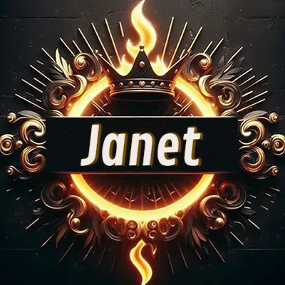 Panel artístico circular con una llama dorada y una corona negra en el centro, rodeado de ornamentos espirales dorados entrelazados que emanan una luz cálida sobre un fondo de muro de piedra oscura. El nombre Janet está escrito en blanco destacado dentro de un rectángulo negro horizontal que cruza la mitad del diseño circular.