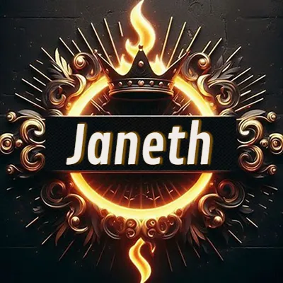 Diseño circular real con adornos dorados, llama de fuego detrás de una corona negra pequeña y nombre en blanco. - Janeth