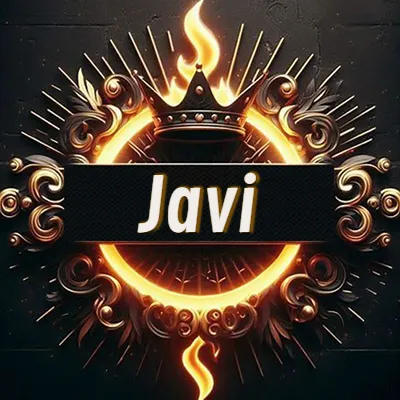 Diseño circular real con adornos dorados, llama de fuego detrás de una corona negra pequeña y nombre en blanco. - Javi