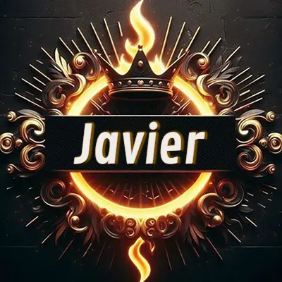 Diseño circular real con adornos dorados, llama de fuego detrás de una corona negra pequeña y nombre en blanco. - Javier