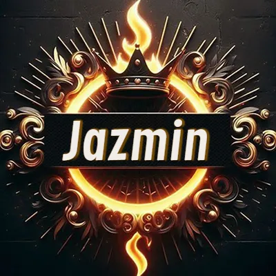 Diseño circular real con adornos dorados, llama de fuego detrás de una corona negra pequeña y nombre en blanco. - Jazmin