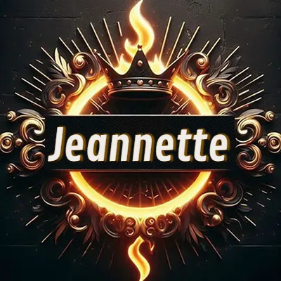 Diseño circular real con adornos dorados, llama de fuego detrás de una corona negra pequeña y nombre en blanco. - Jeannette