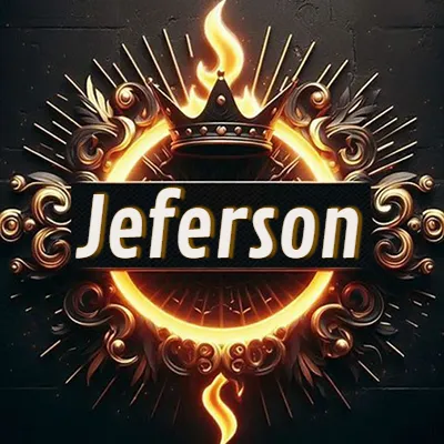 Diseño circular real con adornos dorados, llama de fuego detrás de una corona negra pequeña y nombre en blanco. - Jeferson