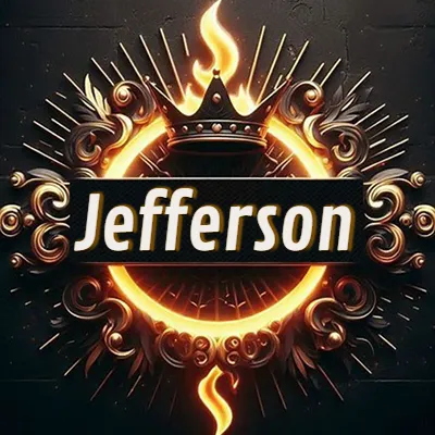 Diseño circular real con adornos dorados, llama de fuego detrás de una corona negra pequeña y nombre en blanco. - Jefferson