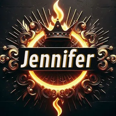 Diseño circular real con adornos dorados, llama de fuego detrás de una corona negra pequeña y nombre en blanco. - Jennifer
