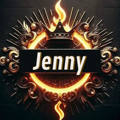 Diseño circular real con adornos dorados, llama de fuego detrás de una corona negra pequeña y nombre en blanco. - Jenny