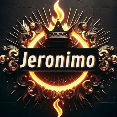 Diseño circular real con adornos dorados, llama de fuego detrás de una corona negra pequeña y nombre en blanco. - Jeronimo