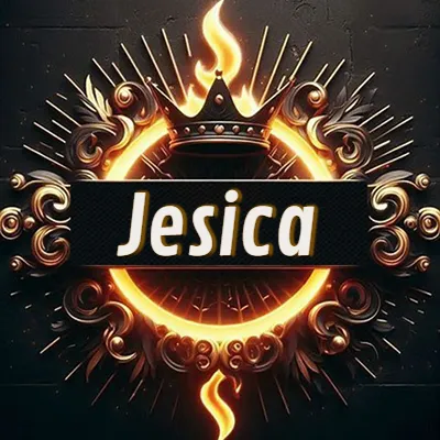 Diseño circular real con adornos dorados, llama de fuego detrás de una corona negra pequeña y nombre en blanco. - Jesica