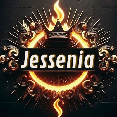 Diseño circular real con adornos dorados, llama de fuego detrás de una corona negra pequeña y nombre en blanco. - Jessenia