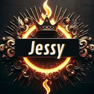 Diseño circular real con adornos dorados, llama de fuego detrás de una corona negra pequeña y nombre en blanco. - Jessy