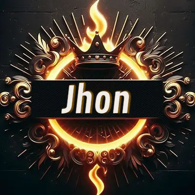 Diseño circular real con adornos dorados, llama de fuego detrás de una corona negra pequeña y nombre en blanco. - Jhon