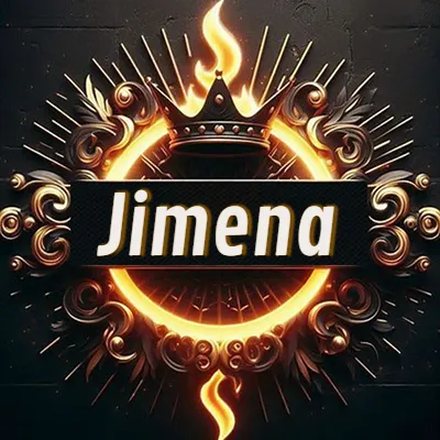 Diseño circular real con adornos dorados, llama de fuego detrás de una corona negra pequeña y nombre en blanco. - Jimena