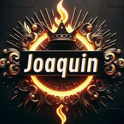 Panel artístico circular con una llama dorada y una corona negra en el centro, rodeado de ornamentos espirales dorados entrelazados que emanan una luz cálida sobre un fondo de muro de piedra oscura. El nombre Joaquin está escrito en blanco destacado dentro de un rectángulo negro horizontal que cruza la mitad del diseño circular.