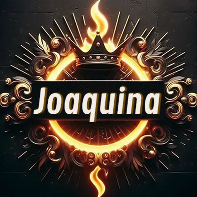 Diseño circular real con adornos dorados, llama de fuego detrás de una corona negra pequeña y nombre en blanco. - Joaquina