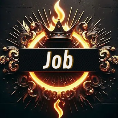 Diseño circular real con adornos dorados, llama de fuego detrás de una corona negra pequeña y nombre en blanco. - Job