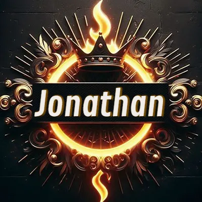 Diseño circular real con adornos dorados, llama de fuego detrás de una corona negra pequeña y nombre en blanco. - Jonathan