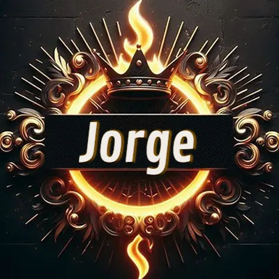 Diseño circular real con adornos dorados, llama de fuego detrás de una corona negra pequeña y nombre en blanco. - Jorge