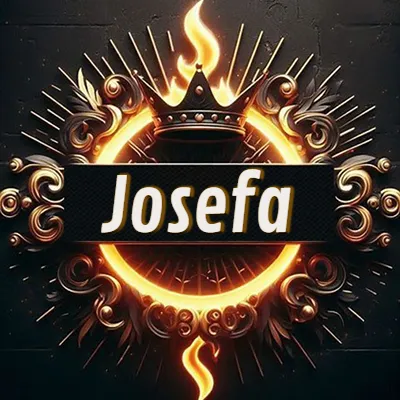 Diseño circular real con adornos dorados, llama de fuego detrás de una corona negra pequeña y nombre en blanco. - Josefa