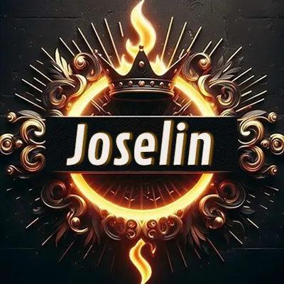 Diseño circular real con adornos dorados, llama de fuego detrás de una corona negra pequeña y nombre en blanco. - Joselin