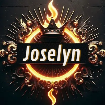 Diseño circular real con adornos dorados, llama de fuego detrás de una corona negra pequeña y nombre en blanco. - Jose