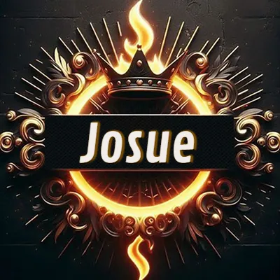 Diseño circular real con adornos dorados, llama de fuego detrás de una corona negra pequeña y nombre en blanco. - Josue