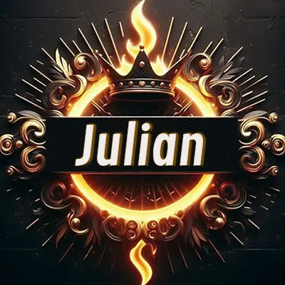 Panel artístico circular con una llama dorada y una corona negra en el centro, rodeado de ornamentos espirales dorados entrelazados que emanan una luz cálida sobre un fondo de muro de piedra oscura. El nombre Julian está escrito en blanco destacado dentro de un rectángulo negro horizontal que cruza la mitad del diseño circular.