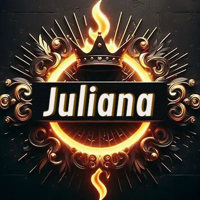 Diseño circular real con adornos dorados, llama de fuego detrás de una corona negra pequeña y nombre en blanco. - Julian Diseño circular real con adornos dorados, llama de fuego detrás de una corona negra pequeña y nombre en blanco. - Julian