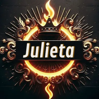 Diseño circular real con adornos dorados, llama de fuego detrás de una corona negra pequeña y nombre en blanco. - Julieta