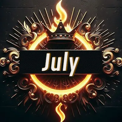 Diseño circular real con adornos dorados, llama de fuego detrás de una corona negra pequeña y nombre en blanco. - July