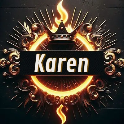 Diseño circular real con adornos dorados, llama de fuego detrás de una corona negra pequeña y nombre en blanco. - Karen