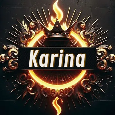 Diseño circular real con adornos dorados, llama de fuego detrás de una corona negra pequeña y nombre en blanco. - Karin