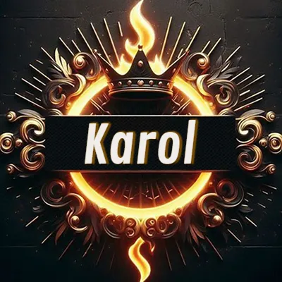 Diseño circular real con adornos dorados, llama de fuego detrás de una corona negra pequeña y nombre en blanco. - Karol