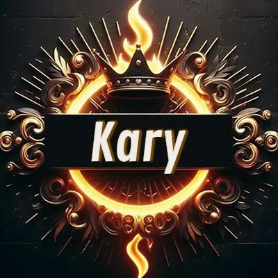 Diseño circular real con adornos dorados, llama de fuego detrás de una corona negra pequeña y nombre en blanco. - Kary