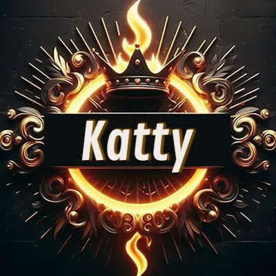 Diseño circular real con adornos dorados, llama de fuego detrás de una corona negra pequeña y nombre en blanco. - Katty