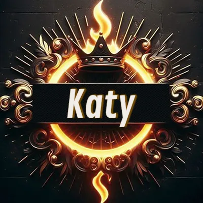 Diseño circular real con adornos dorados, llama de fuego detrás de una corona negra pequeña y nombre en blanco. - Katy