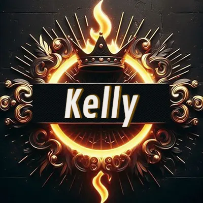 Diseño circular real con adornos dorados, llama de fuego detrás de una corona negra pequeña y nombre en blanco. - Kelly